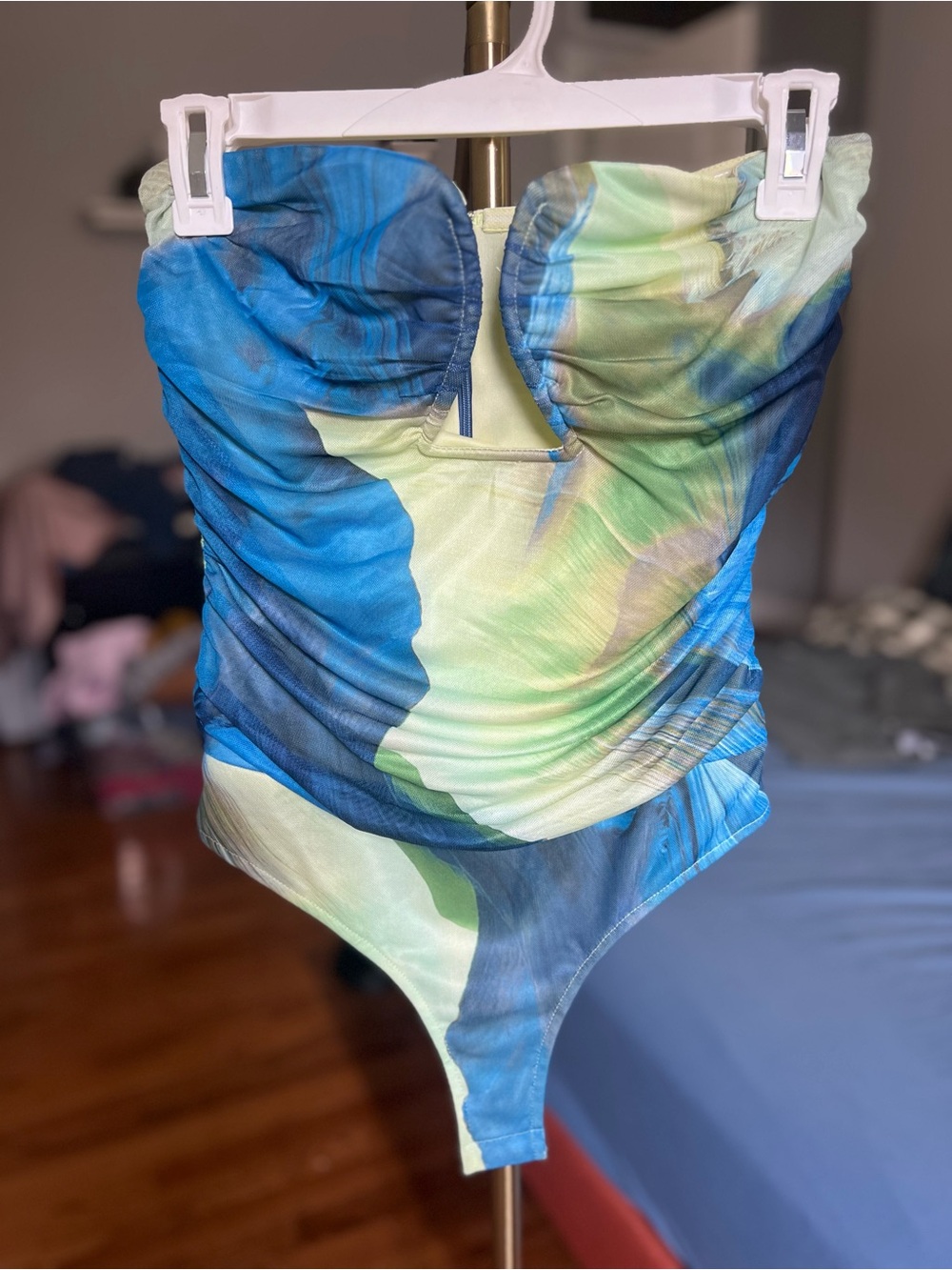 ACOA Blue and Green Abstract One-Piece Bodysuit with Plunge Neckline